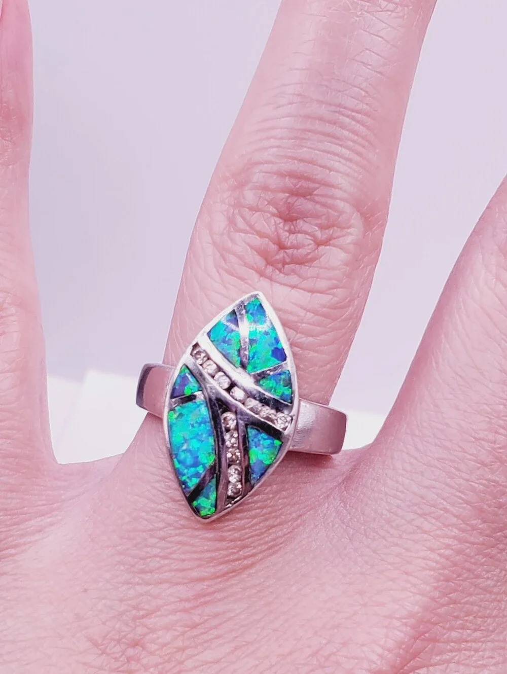 Blue Green Opal Inlay - 925 Sterling Silver Marquise Ring